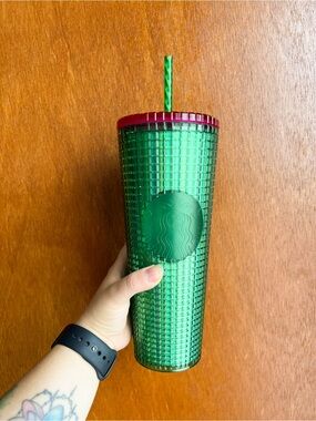 Starbucks Vibrant Green Studded Tumbler with Pink Lid and Green Straw